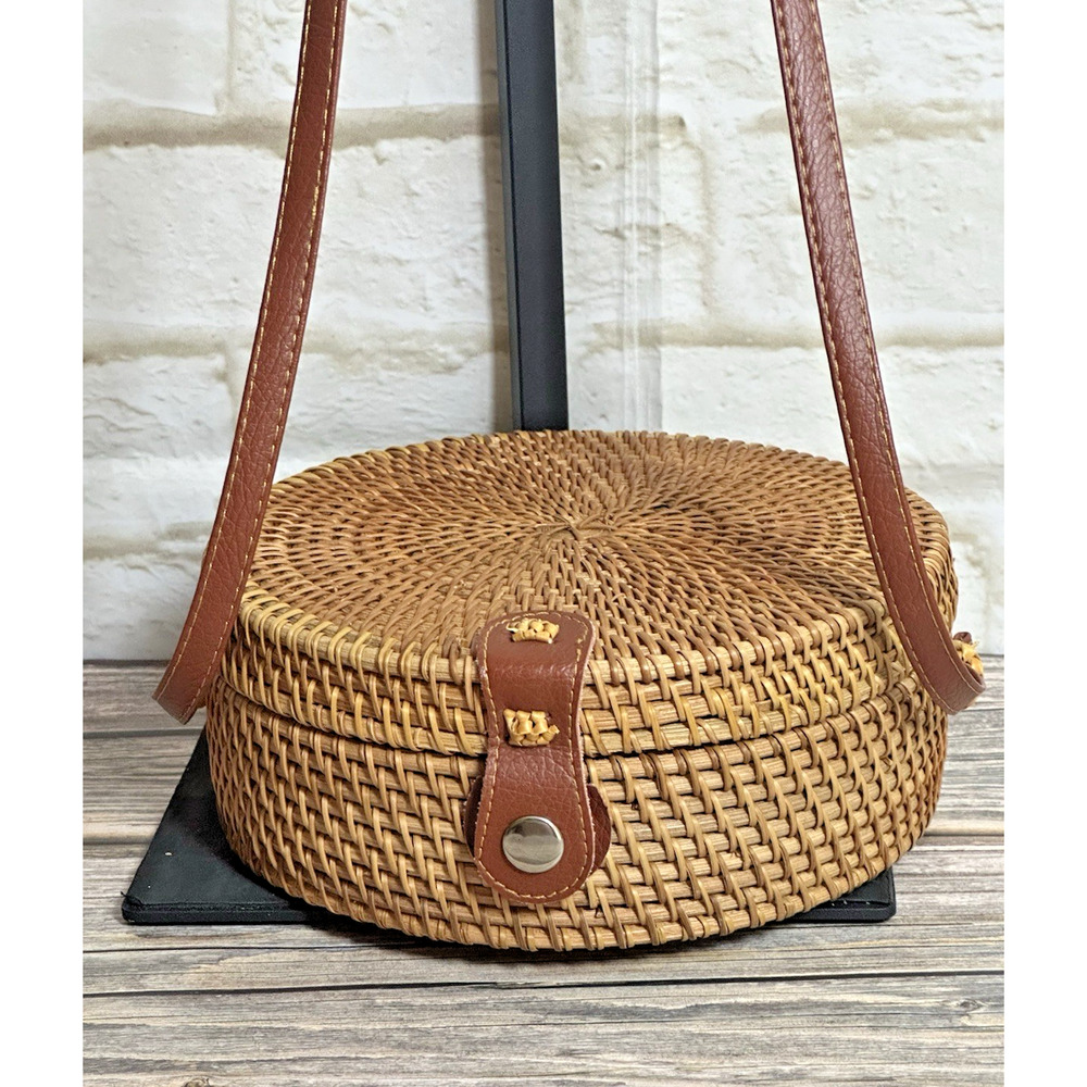 Vintage Wicker Rattan Circle Canteen‎ Style Boho Crossbody Bag Purse - Picture 14 of 16